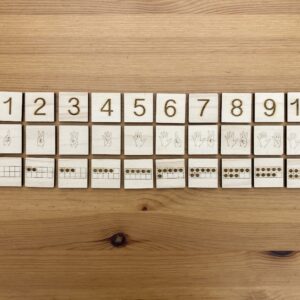 Représentation des chiffres de 1 à 10. 30 carrés en bois pour découvrir les nombres jusqu’à 10 sous différentes représentations: En chiffres,dans un tableau de 10 cases, en doigts
